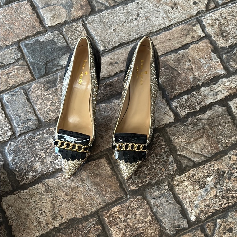 Kate Spade Black Flats with Gold Chain Detail